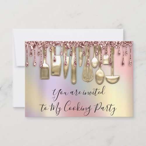 Cooking Party Chef Kitchen Rose Drips Holographic Invitation