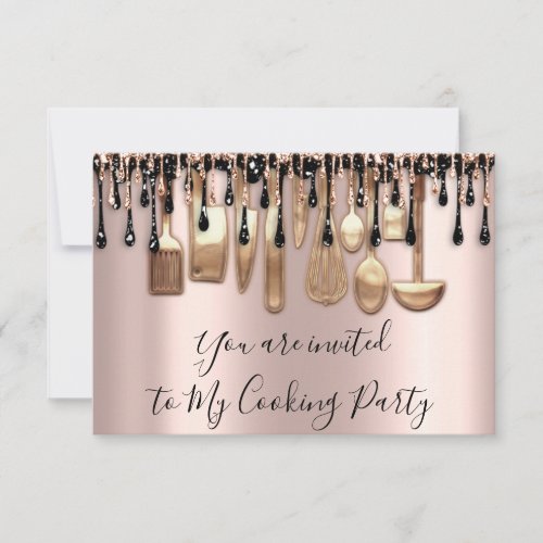 Cooking Party Chef Kitchen Rose Gold Drip Black   Invitation