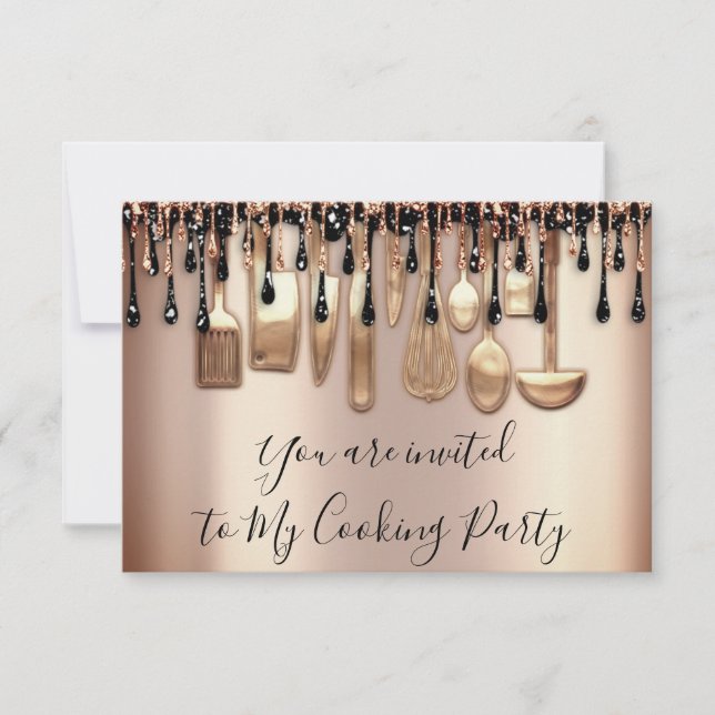 Cooking Party Chef Kitchen Rose Gold Drips Black Invitation (Front)