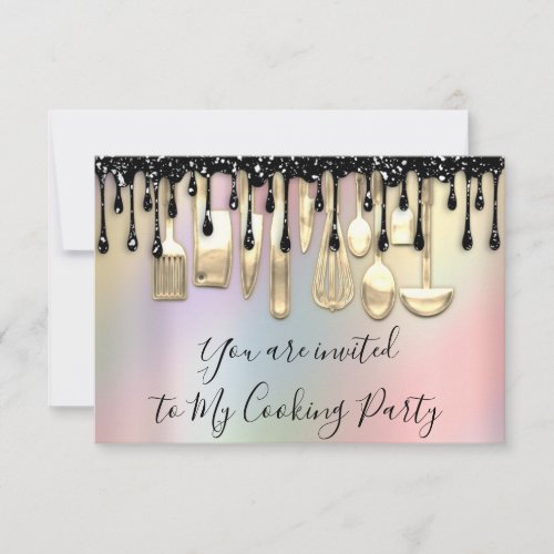 Cooking Party Chef Kitchen Rose Gold Drips Black Invitation