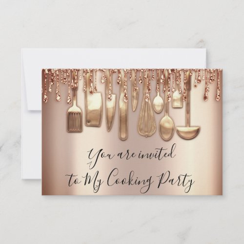 Cooking Party Chef Kitchen Rose Gold Drips Metal Invitation