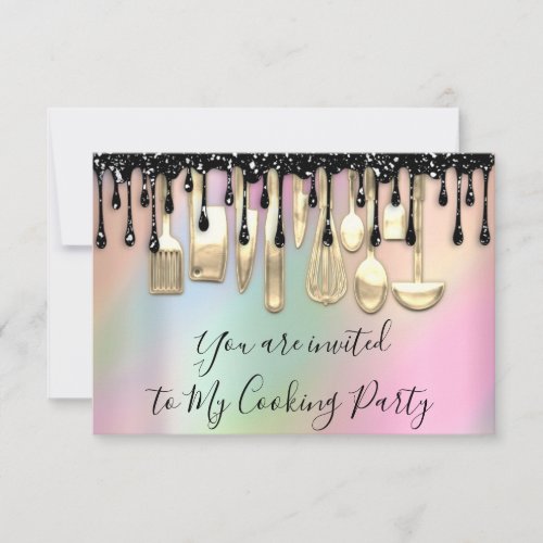 Cooking Party Chef Kitchen Rose Gold Drips Pink Invitation