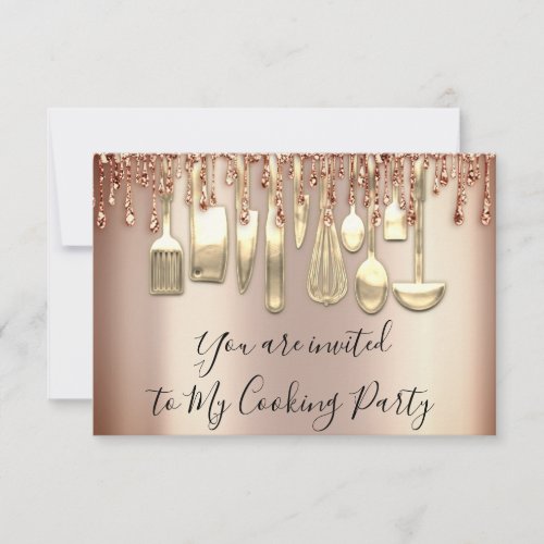 Cooking Party Chef Kitchen Rose Gold Glitter Drip  Invitation