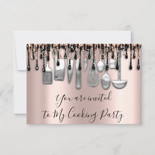 Cooking Party Chef Kitchen Rose Silver Drips Black Invitation