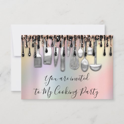 Cooking Party Chef Kitchen Rose Silver Drips Holog Invitation