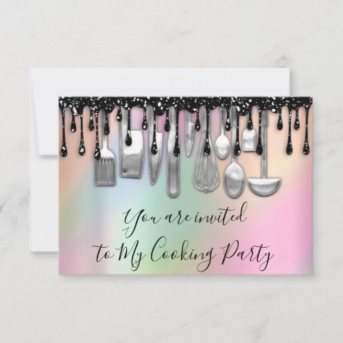 Cooking Party Chef Kitchen Rose Silver Gray Drips  Invitation