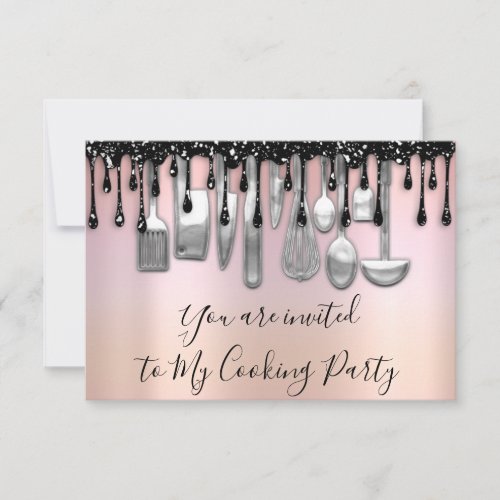 Cooking Party Chef Kitchen Rose Silver Gray Ombre Invitation