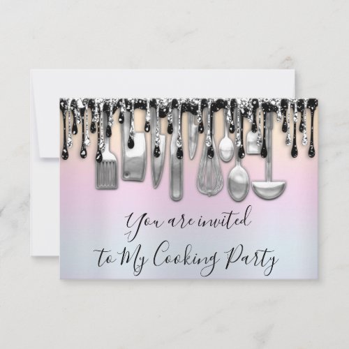 Cooking Party Chef Kitchen Silver Drip Gray Pastel Invitation