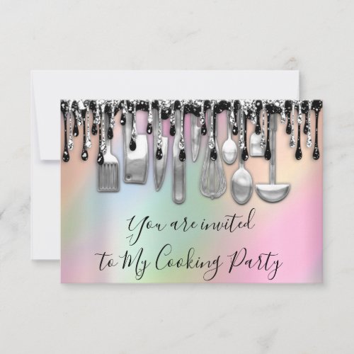 Cooking Party Chef Kitchen Silver Drips Holograph Invitation