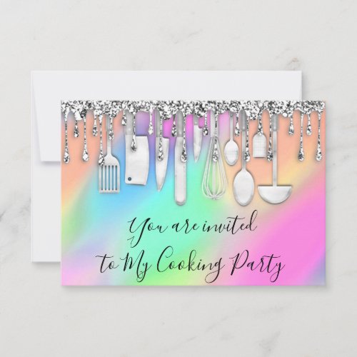 Cooking Party Chef Kitchen Silver Drips Holograph Invitation