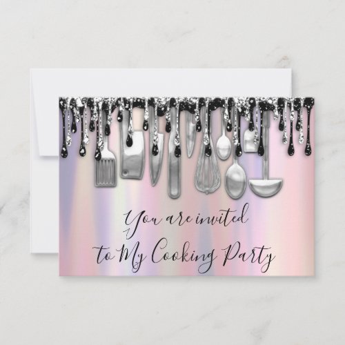 Cooking Party Chef Kitchen Silver Gray Drips Rose Invitation