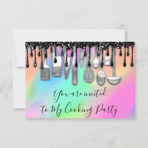 Cooking Party Chef Kitchen Silver Gray Holograph Invitation