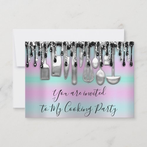 Cooking Party Chef Kitchen Silver Silver Gray Drip Invitation