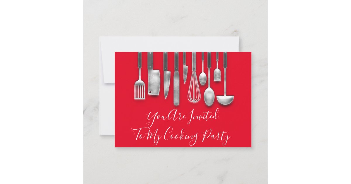 Cooking Party Chef Kitchen White Gray Red Invitation | Zazzle