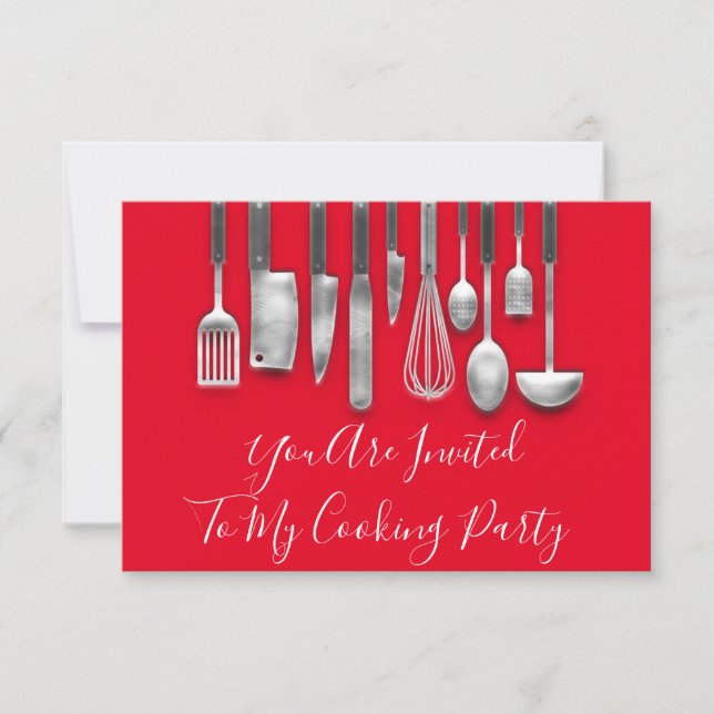 Cooking Party Chef  Kitchen White Gray Red Invitation (Front)
