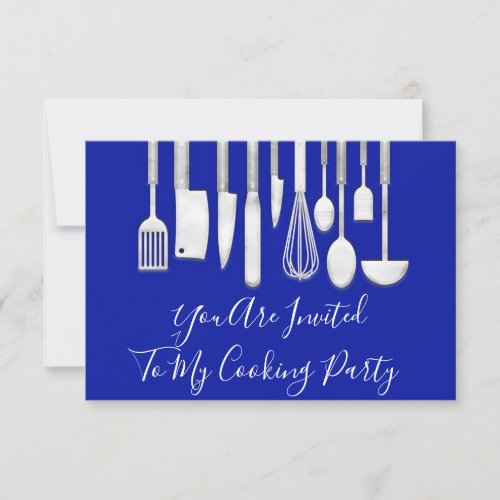 Cooking Party Chef  Kitchen White Gray Silver Blue Invitation