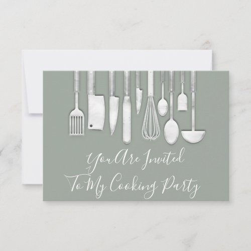 Cooking Party Chef Kitchen White Gray Silver Green Invitation