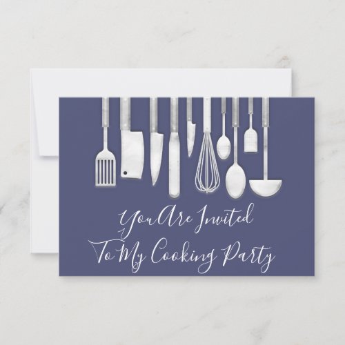 Cooking Party Chef Kitchen White Gray Smoky Blue Invitation