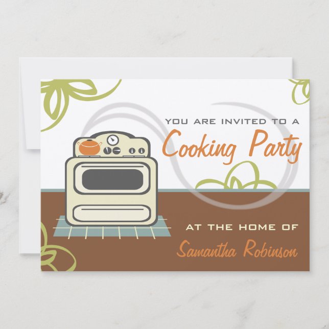Cooking Party - Retro Stove Brown Orange Blue Invitation (Front)