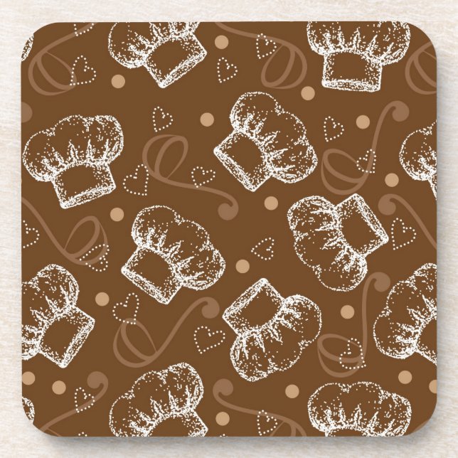 Cooking pattern with chef hat beverage coaster (Front)