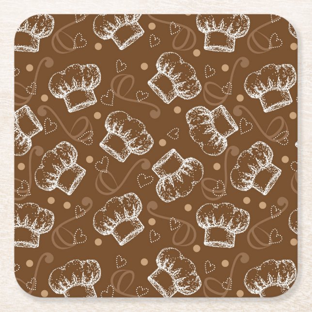 Cooking pattern with chef hat square paper coaster (Front)