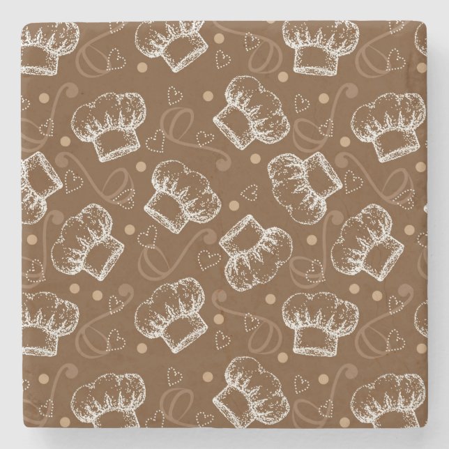 Cooking pattern with chef hat stone coaster (Front)