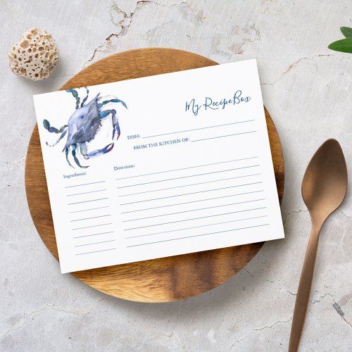 Cooking Recipe Cards Blue Watercolor Crab