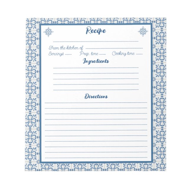 Cooking recipe with holy motif blue tiles frame notepad (Front)