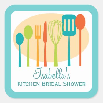 Cooking Utensils Kitchen Bridal Shower | Teal Square Sticker by kat_parrella at Zazzle