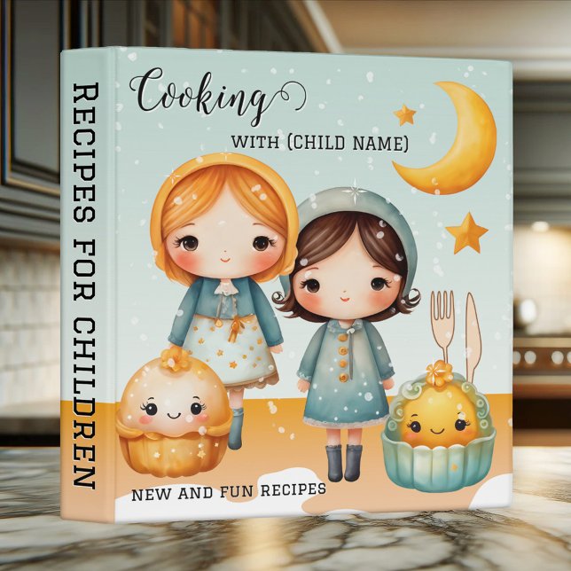 Cooking with Children Cute Winter Recipe Binder (Winter recipe binder featuring cute cartoon children with girly cupcakes and snowflakes)