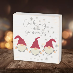 Cooking with My Gnomies Red Christmas Gnomes Wooden Box Sign