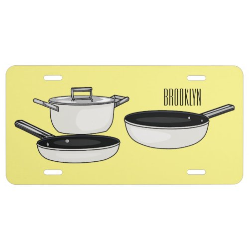 Cookware sets cartoon illustration license plate