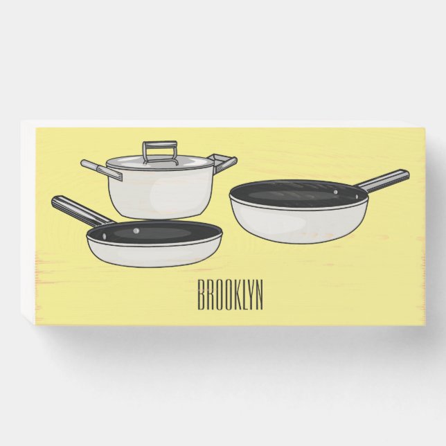 Cookware sets cartoon illustration wooden box sign (Front Horizontal)