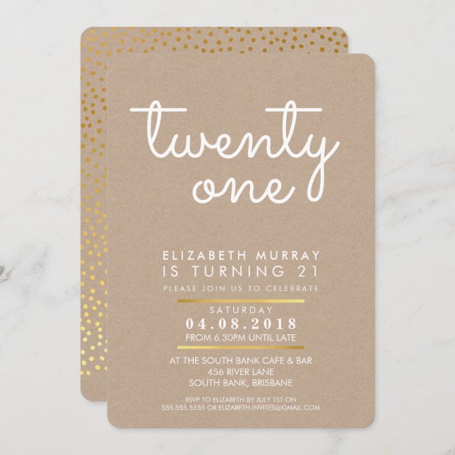 COOL 21st birthday party INVITE rustic kraft white (Front/Back)