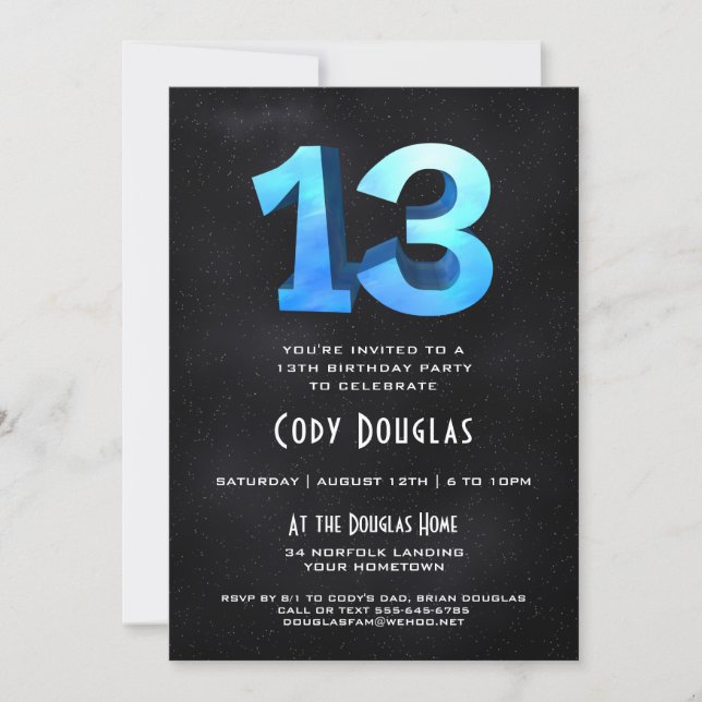 Cool 3D on Black 13th Birthday Party Invitation (Front)