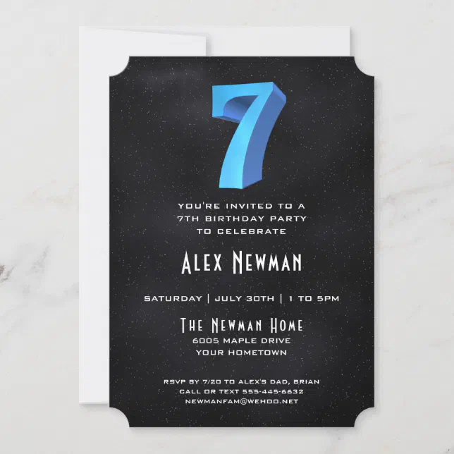 Cool 3D on Black 7th Birthday Party Invitation | Zazzle