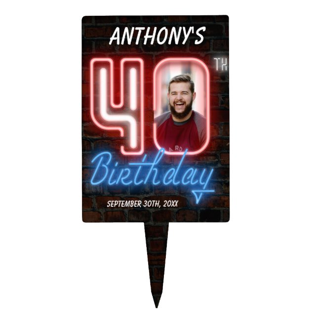 Cool 40th Birthday 80s Retro Neon Custom Photo Cake Topper (Front)