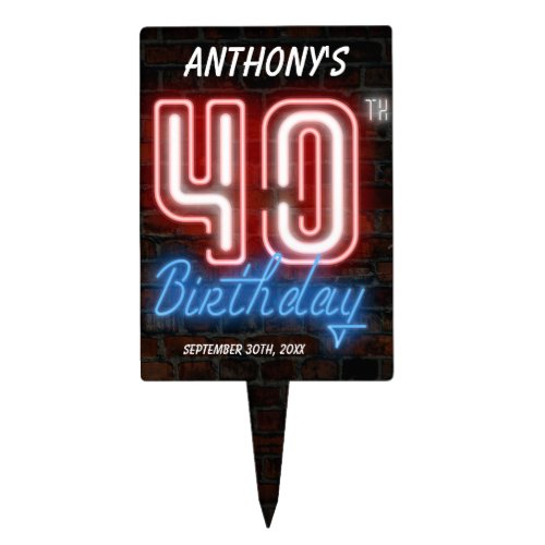 Cool 40th Birthday Glowing Neon Sign Custom Cake Topper