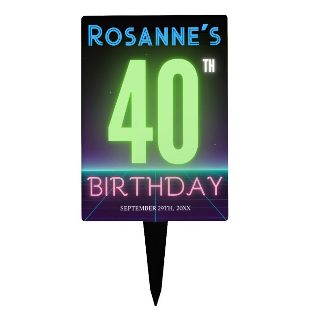 Cool 40th Birthday Glowing Neon Sign Custom Cake Topper (Front)