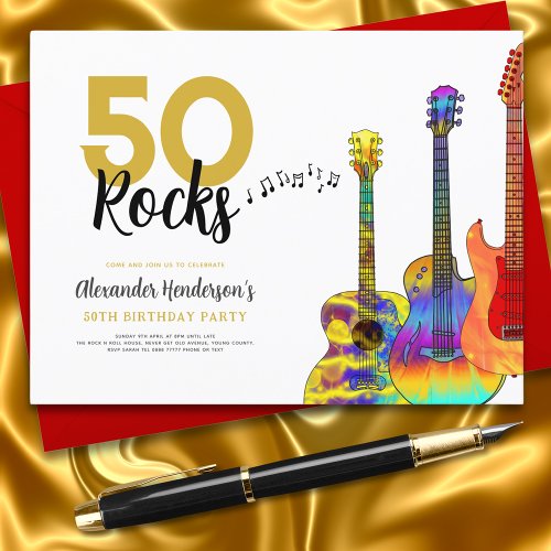 Cool 50 rocks guitar 50th birthday party  invitation postcard