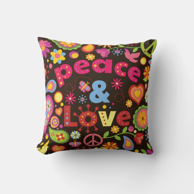 Cool 60s Style Peace & Love Throw Pillow (Front)