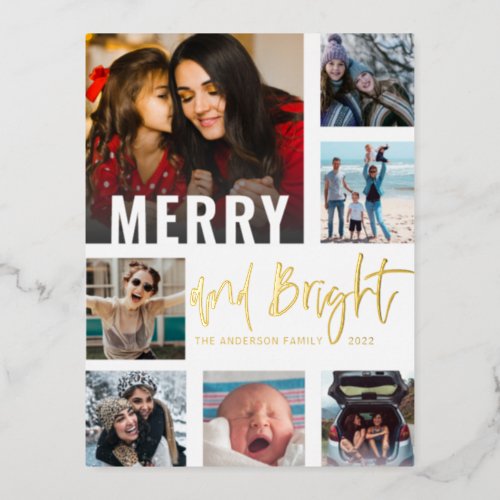  Cool 7 Photo Collage  Merry  Bright Christmas Foil Holiday Postcard