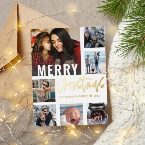  Cool 7 Photo Collage  Merry Christmas Calligraphy Foil Holiday Postcard