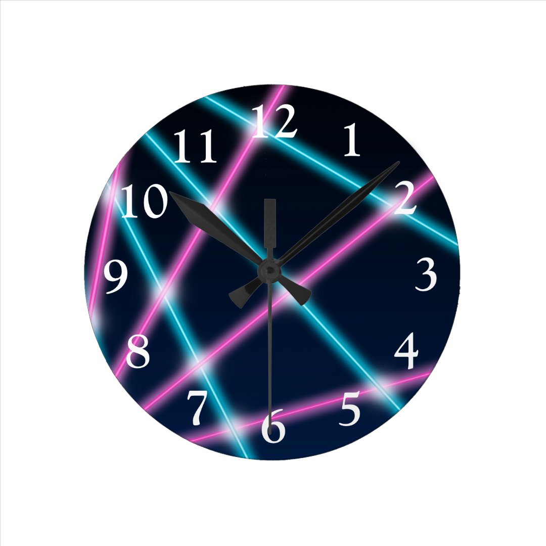 Cool 80s Laser Light Show Background Retro Neon Round Clock | Zazzle