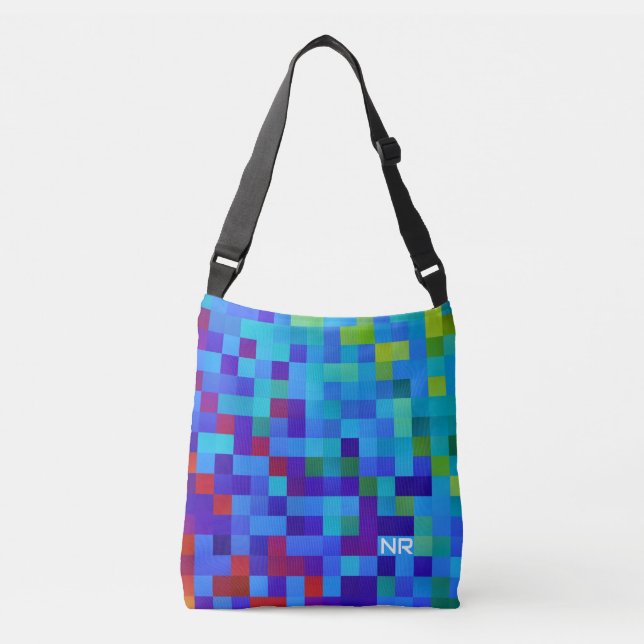  Cool 8-bit Pixel Pattern Geeky Blue Red Monogram Crossbody Bag (Front)
