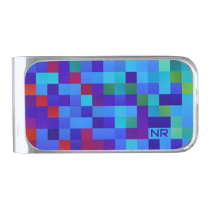   Cool 8-bit Pixel Pattern Geeky Blue Red Monogram Silver Finish Money Clip