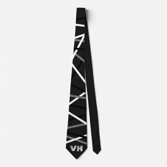 Cool Abstract Black White Striped Guitar Initials Neck Tie (Front)