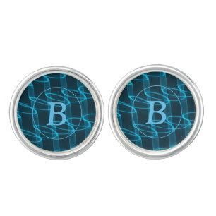 Cool Abstract Blue Neon Waves Monogram Cufflinks