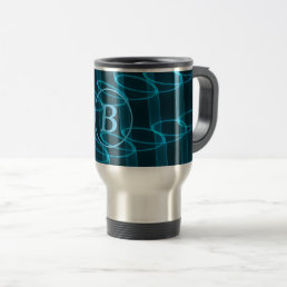 Cool Abstract Blue Neon Waves Monogram Travel Mug