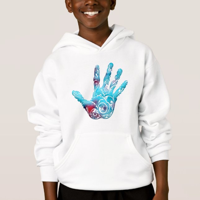 Cool Abstract Blue & Red Swirly Hand Hoodie (Front)